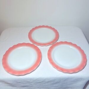 Hazel Atlas Crinoline Pink Ripple Edge 9" Vintage Luncheon Dinner Plates. Set 3
